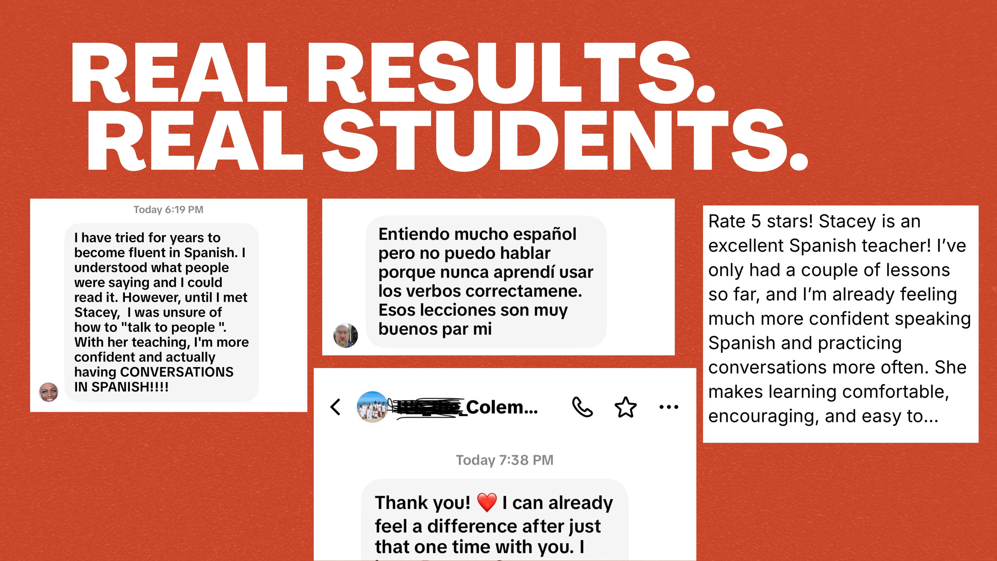 Real results. Real students — student testimonials about learning Spanish with Stacey